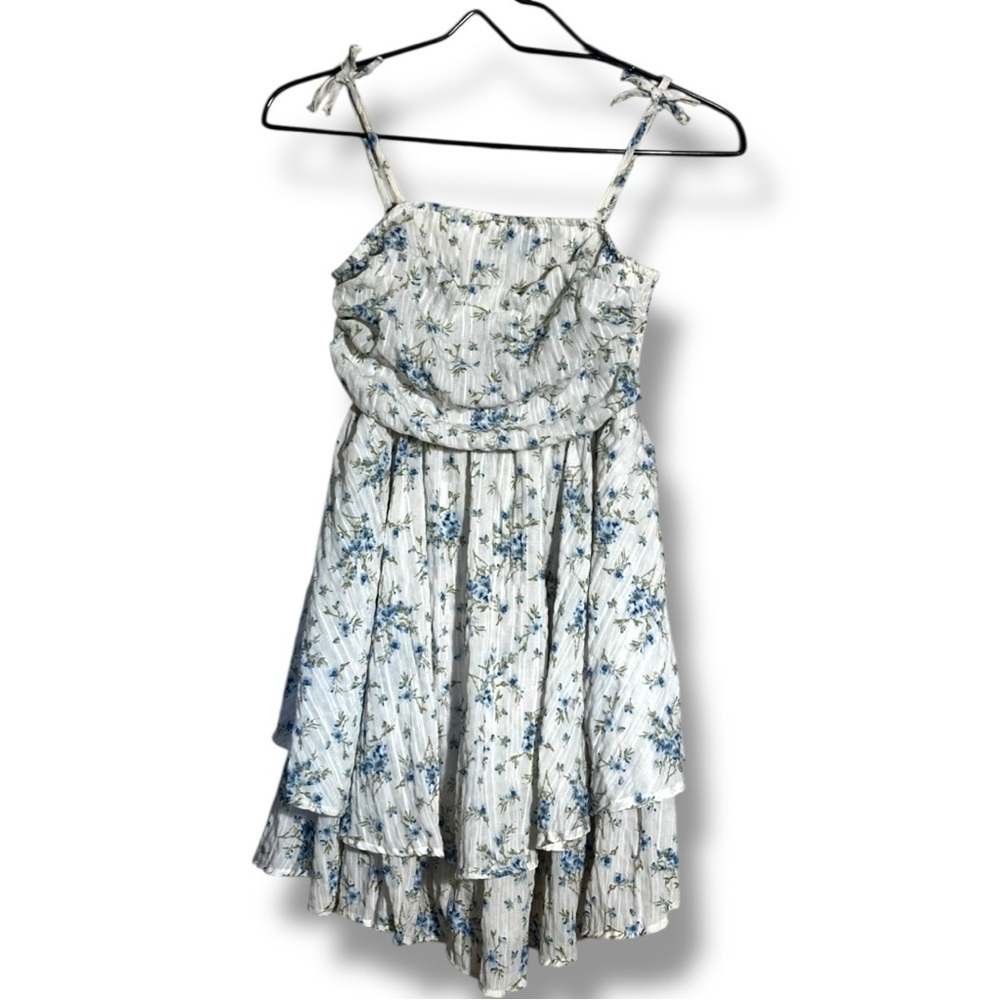 Unbranded White and Blue Floral Layered Tie Straps Empire Waist Babydoll Dress - Picture 12 of 16